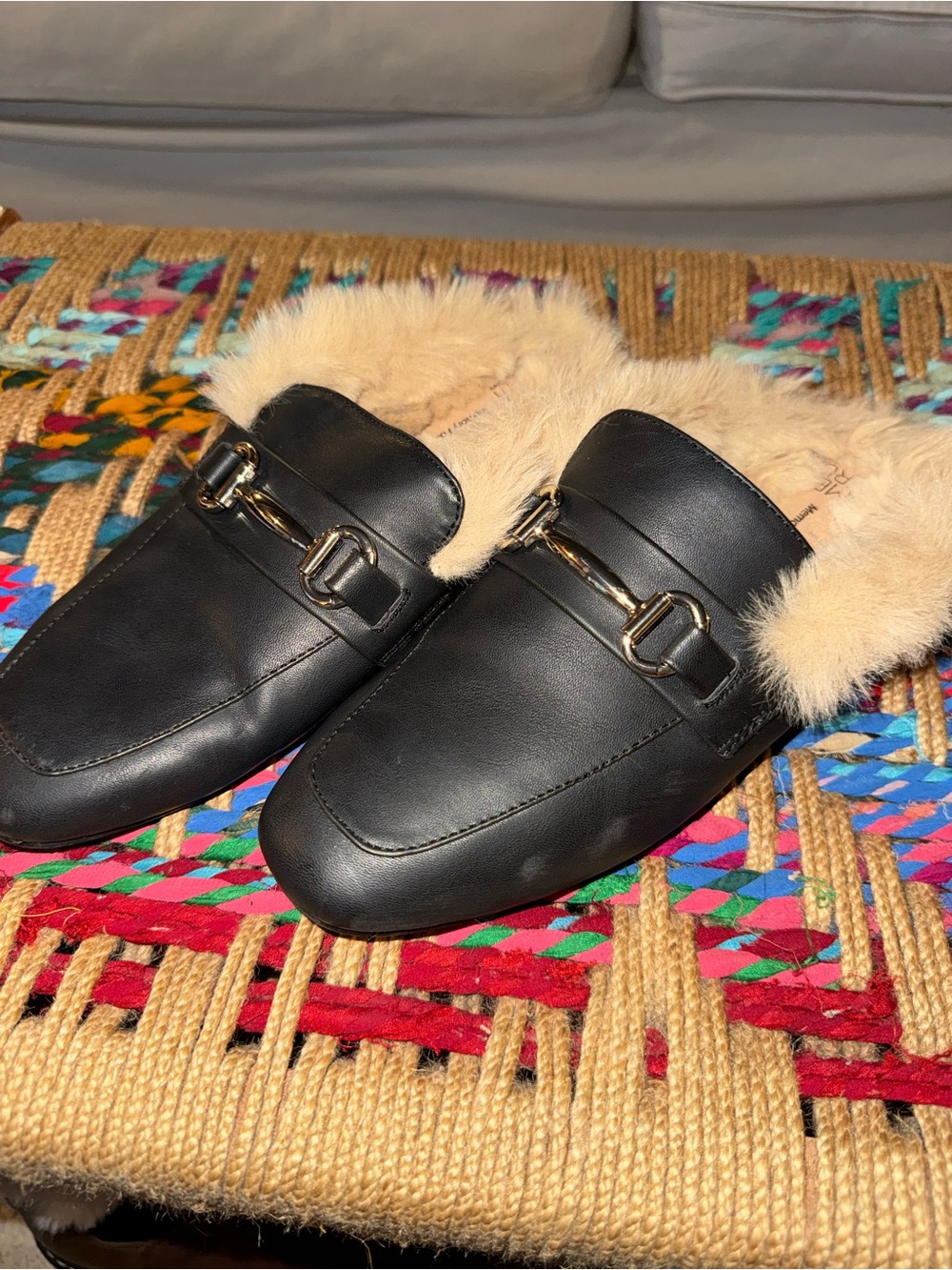 Black Fur-Trim Leather Backless Loafers with Gold Bit Accent